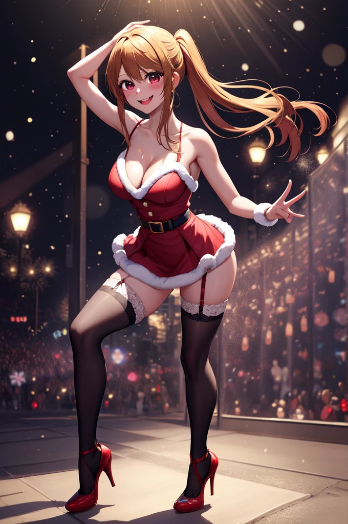 anime, beautiful face, highly detailed face, 2 accurate legs, detailed eyes, highly detailed background, perfect lighting, accurate arms, accurate hands, accurate fingers, full body, 1girl, solo, ruby hoshino, oshi no ko, female santa, sexy santa outfit, heels, thighhighs, garter stockings, absurdres, high res, ultrasharp, 8K, masterpiece, looking at viewer (dancing pose:1.4), (full body:1.4), Christmas concert, Christmas idol, performing, on stage, dancing, smiling with compassion, mouth open smile, full of delight, blushed, cleavage, leaning_forward, sntdrs
