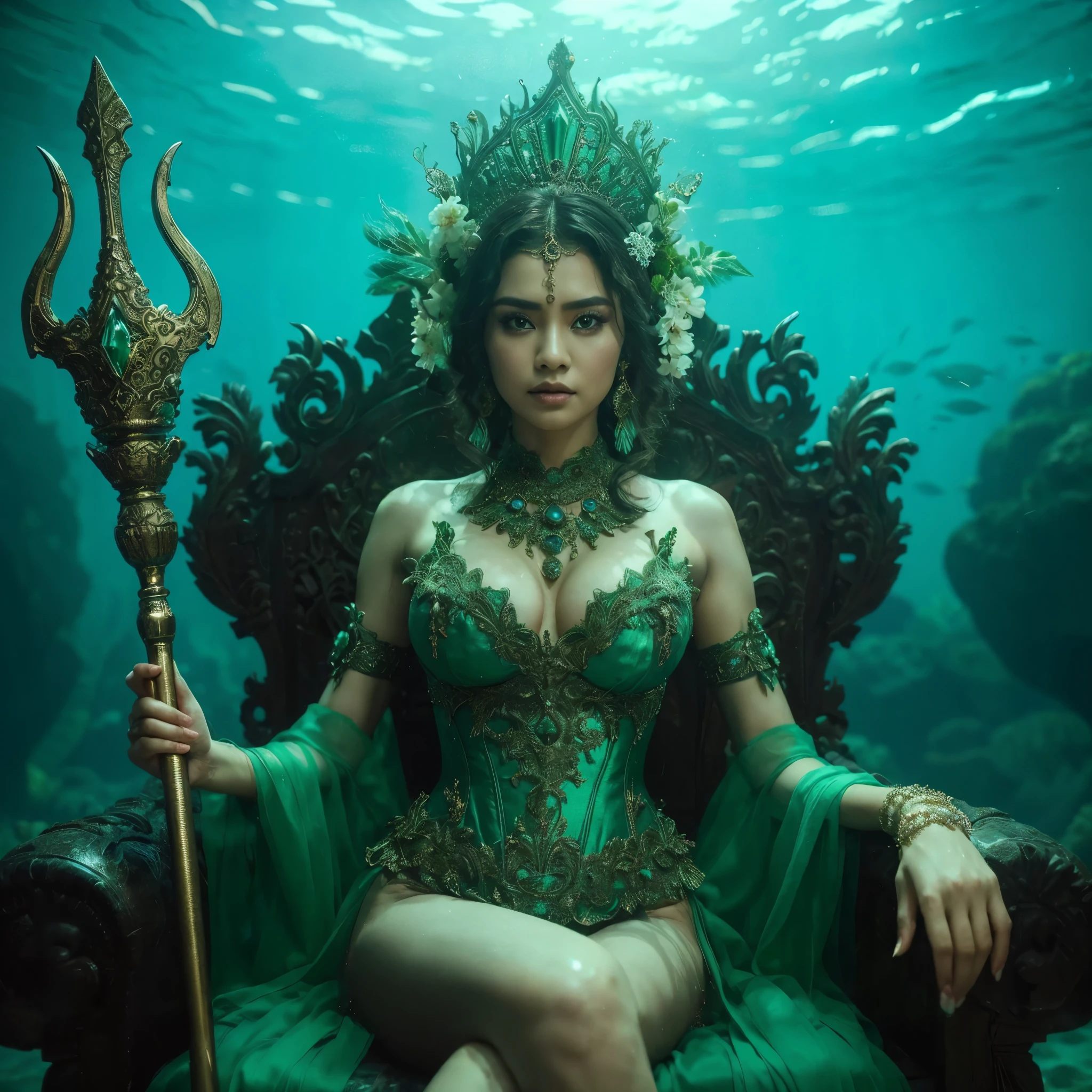 Zamaludin generate nyi roro kidul ((((gigantic breqst:1,9))), wearing tight luxury green kebaya, luxury bustier corset, batik tight long skirt and sanggul hair, slim waist, propotional body, sitting on her throne under the sea, she is holding a luxury trident, her aura is like a queen aura, make the picture looks so tense as she is looks angry, masterpiece, hyperdetail, 8k, ambient effect, digital effect, (((nsfw))), (((nude))), (((nipples))), (show boobs), (show cleaveage)