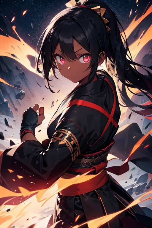 black skin, headband, woman fighter, back long hair, glowing eyes, kimono, fighting gloves, fighting stance