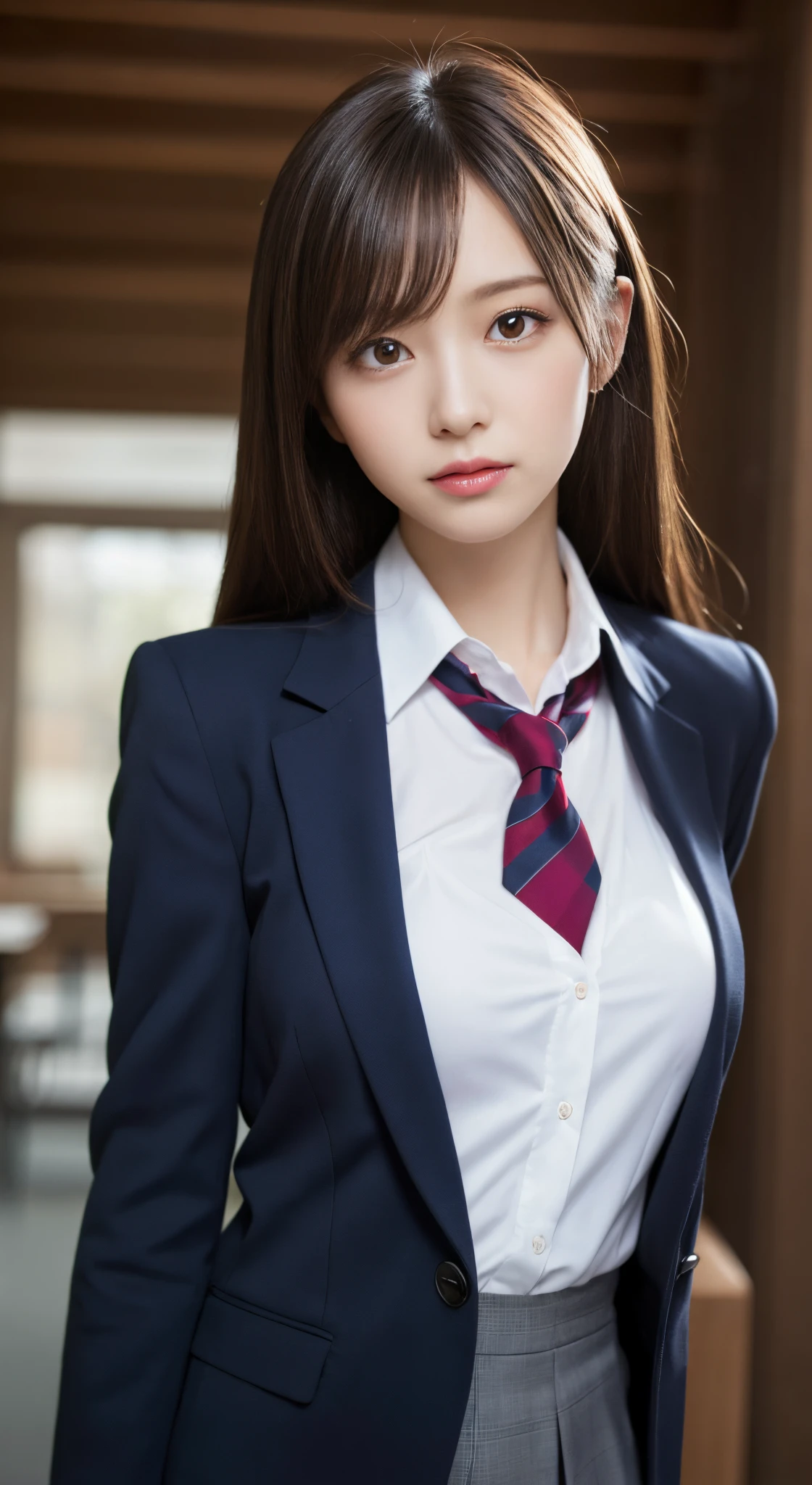 masutepiece, Best Quality, Illustration, Ultra-detailed, finely detail, hight resolution, 8K Wallpaper, Perfect dynamic composition, Beautiful detailed eyes,  Natural Lip,Blazer ,School uniform, Big breasts, Full body.sexy  pose