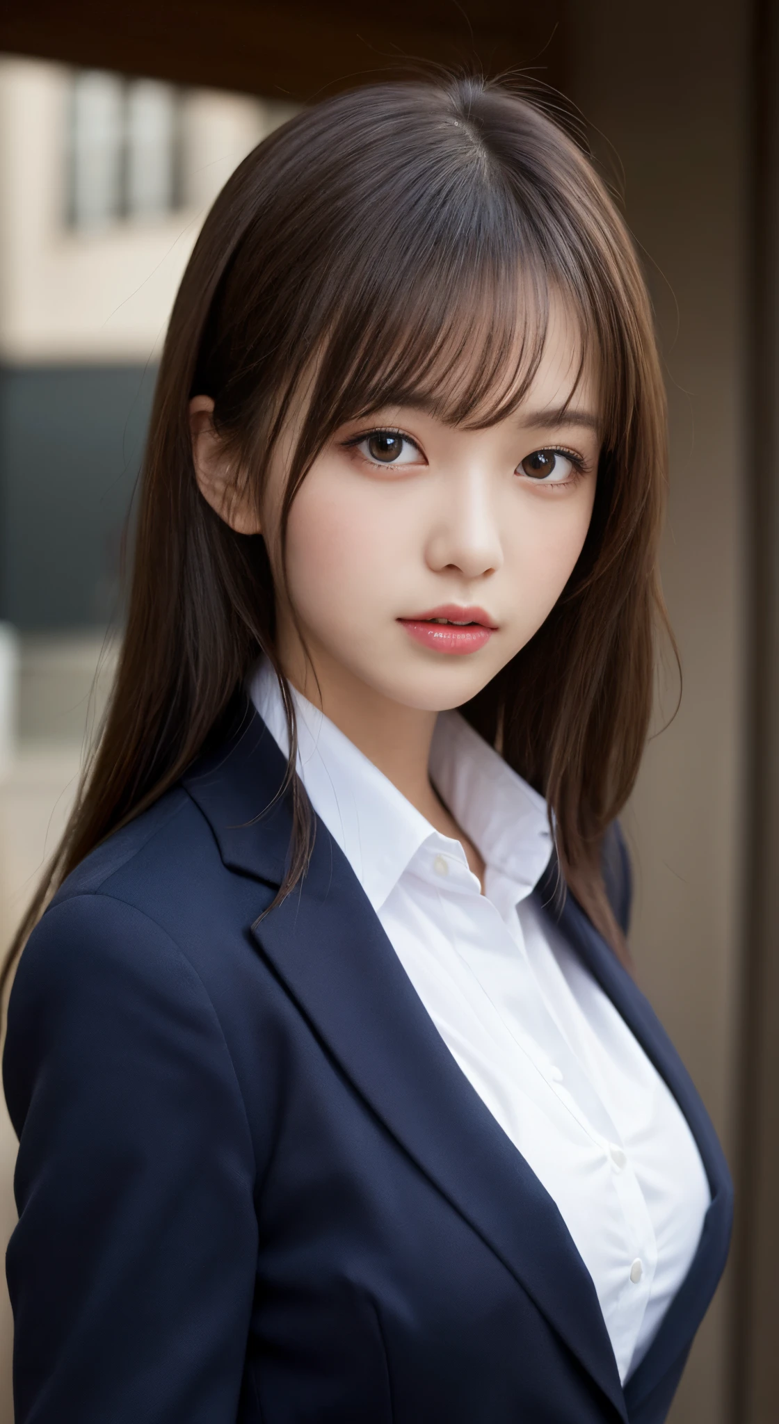 masutepiece, Best Quality, Illustration, Ultra-detailed, finely detail, hight resolution, 8K Wallpaper, Perfect dynamic composition, Beautiful detailed eyes,  Natural Lip,Blazer ,School uniform, Big breasts, Full body.sexy  pose
