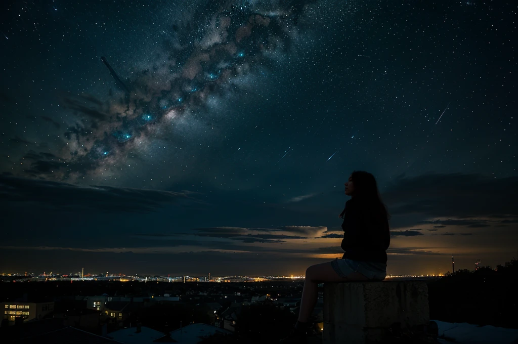 octans, sky, star (sky), scenery, starry sky, night, 1girl, night sky, solo, outdoors, signature, building, cloud, milky way, sitting, tree, long hair, city, silhouette, cityscape