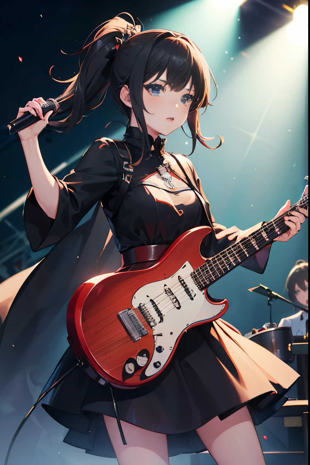 A girl idol group wearing a black dress with a guitar, concert on stage, Lady Band Contest Winner,