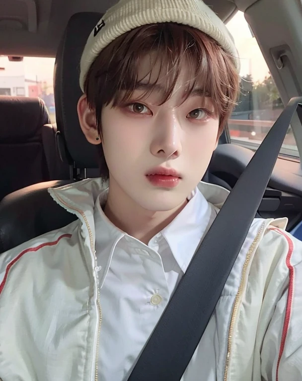 a close-up of a person in a car wearing a hat, Jinyoung Canela, Kim Doyoung, male Ulzzang, Jinyoung Canela aesthetic, Ulzzang, wan adorable korean face, foto de perfil headshot, Jaeyeon Nam, Cai Xukun, Hong June Hyung, Jungkook, Hyung Tae, TaeJune Kim, inspirado em Bian Shoumin, Loong