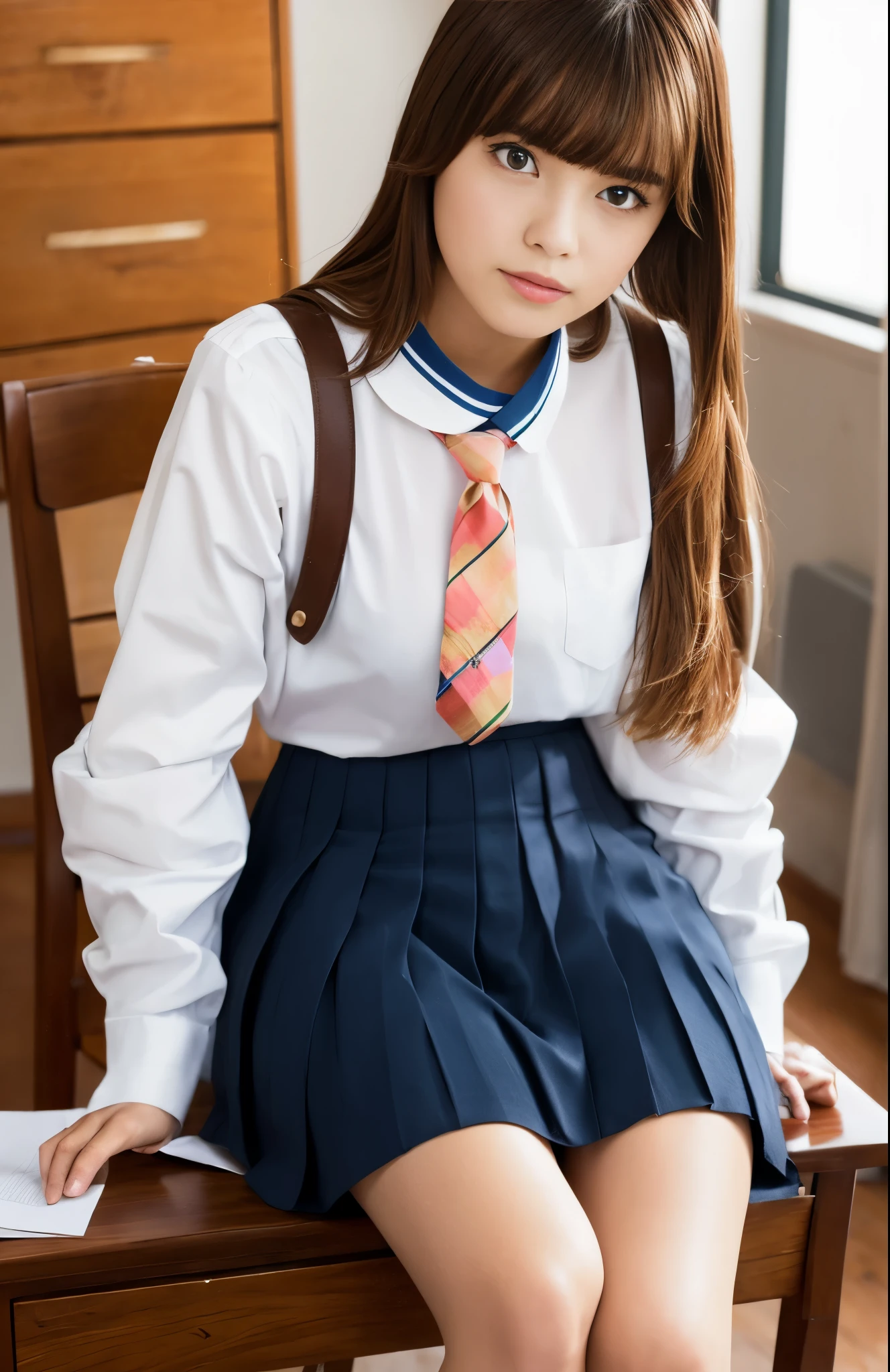 ((masterPiece, Best Quality)),Best aesthetic,1girl in, School uniform, desk work, Sitting, school desk work, Brown hair, crass room, Long hair, Indoors, Chair, Looking at Viewer, :P, Solo Focus, Brown eyes, Skirt, Long sleeves, Pencil, 1 boy, Pencil case, PaPer, black serafuku, multiPle girls, Pleated Skirt, Sailor collar, Bangs, head rest, School bag, school Chair