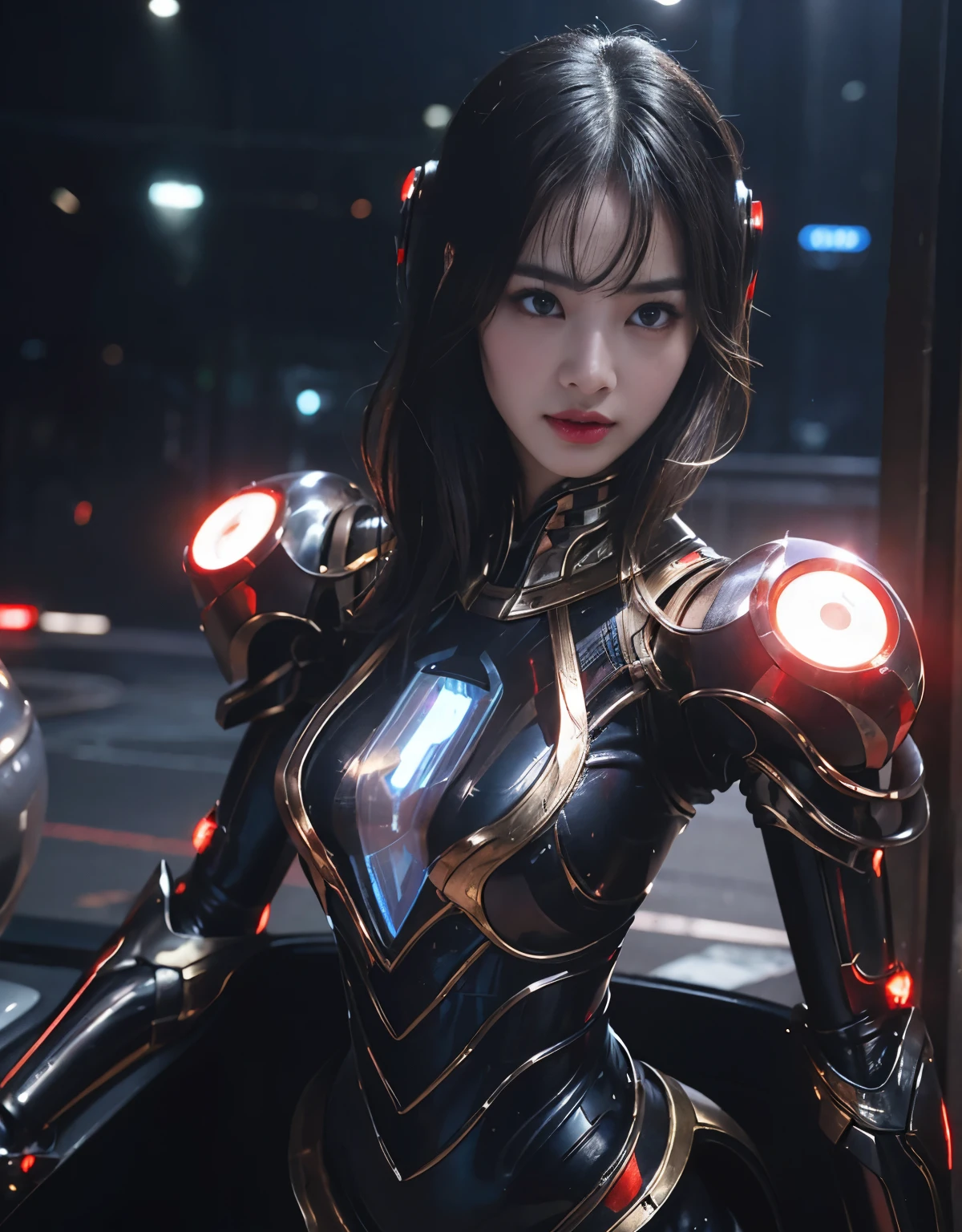 (1 mechanical girl and 1 alien)、(Mystical expression)、top-quality、masterpiece、超A high resolution、(Photorealsitic:1.4)、Raw photo、1人、glowy skin、(((1 Mechanical Girl)))、((transparent crystal suit bodysuit、The body can see through)).(Natural alien background to fight aliens)、(Small LED)、((super realistic details))),globalillumination、Shadow、octan render、8K、ultrasharp、机器人の背景、Colossal tits、Raw skin exposed in the cleavage、red metal、Details of complex ornaments、Japan details、highly intricate detail、Realistic light、(Mystical expression),CG Society Trenlow Eyes、Eyes shining towards the camera、Mechanical marginal blood vessels connected to neon detail tubes)、(Wires and cables connecting to the head)、Small LED、,Mechanical thighs、Toostock、(Hands are also made of machines)、机器人、future alien、Please wear a mechanical helmet、