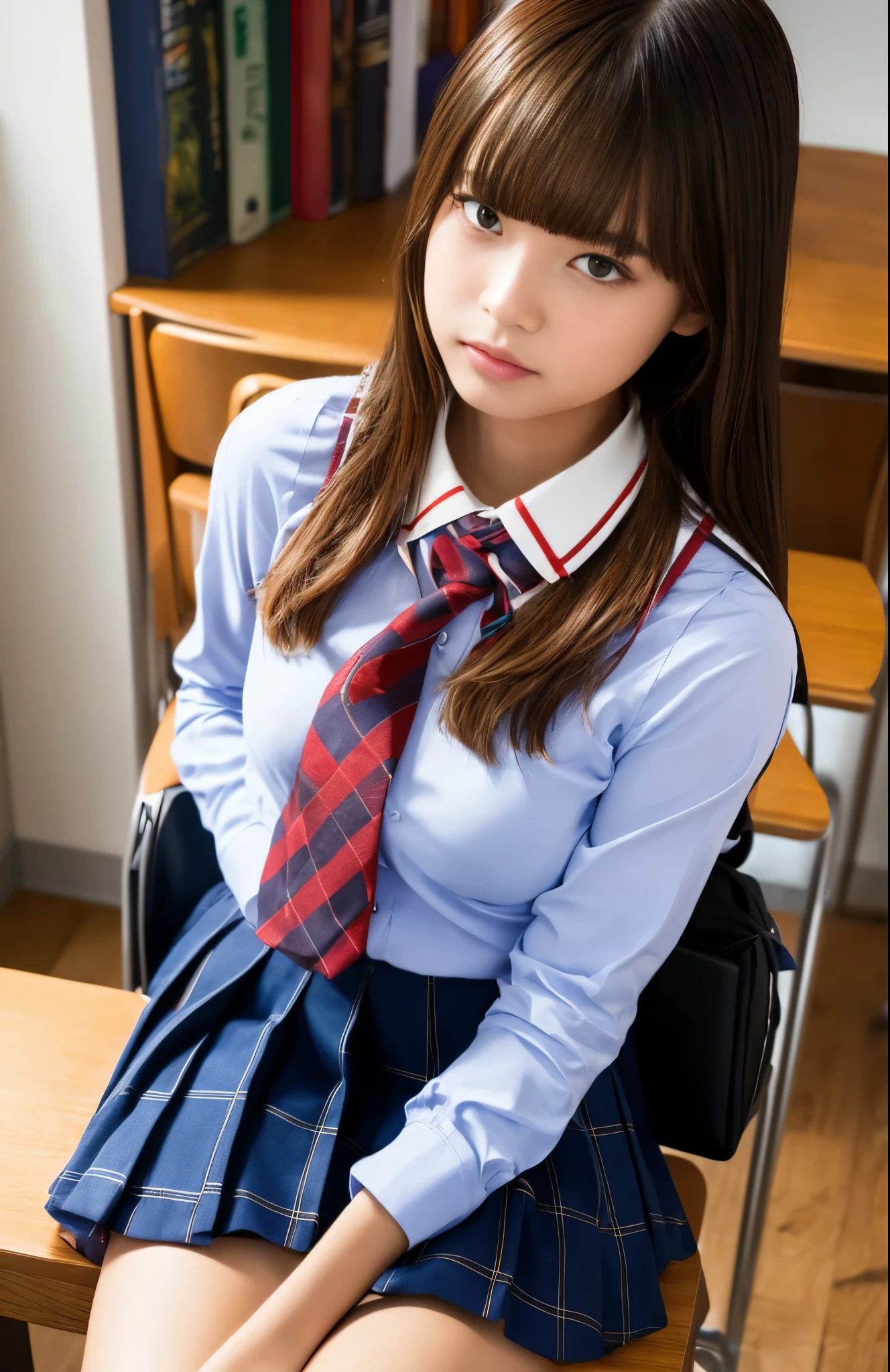 ((masterPiece, Best Quality)),Best aesthetic,1girl in, School uniform, desk work, Sitting, school desk work, Brown hair, crass room, Long hair, Indoors, Chair, Looking at Viewer, :P, Solo Focus, Brown eyes, Skirt, Long sleeves, Pencil, 1 boy, Pencil case, PaPer, black serafuku, multiPle girls, Pleated Skirt, Sailor collar, Bangs, head rest, School bag, school Chair