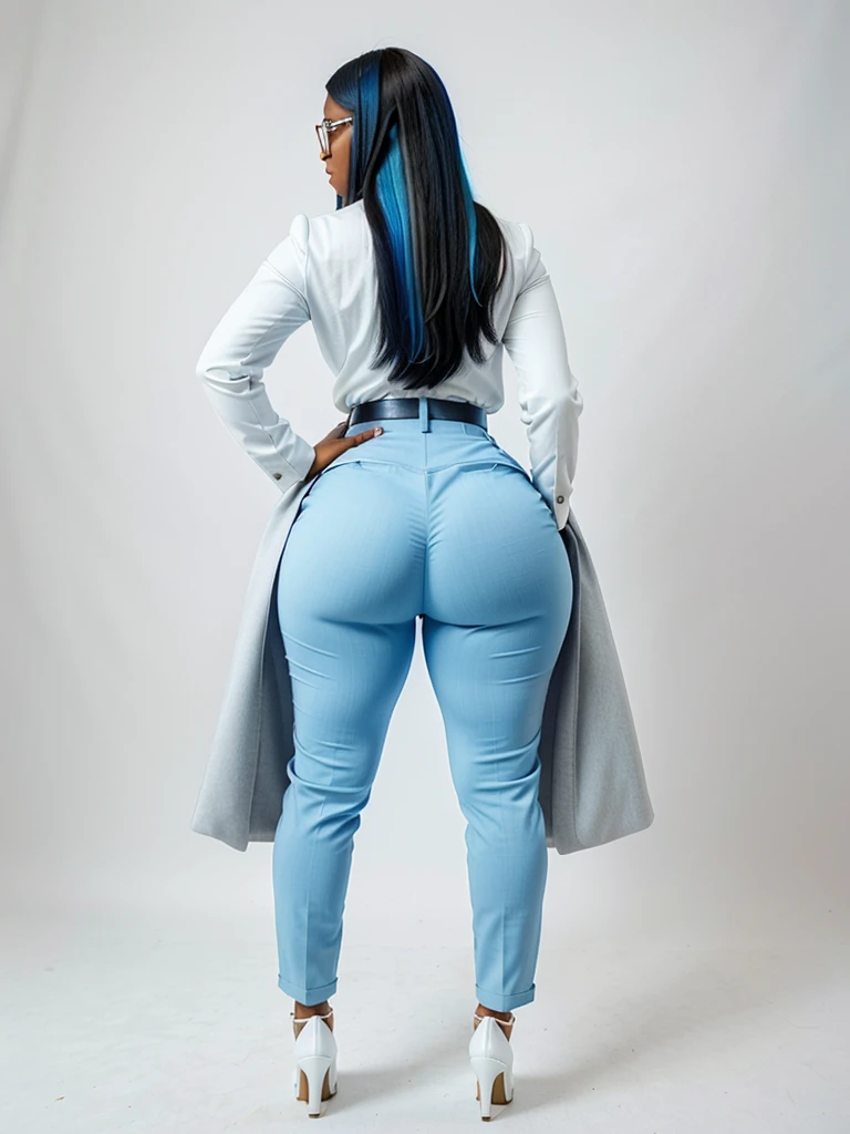 28- year old thick african american woman dressed for business, platinum hair with blue highlights, glasses, tight formal trousers, wedgie, fit, small waist, thick thighs, wide hips, big booty, , open unbuttoned coat, high heels, back shot on an all white background ,soft volume metric lights, intricate details, photo realistic