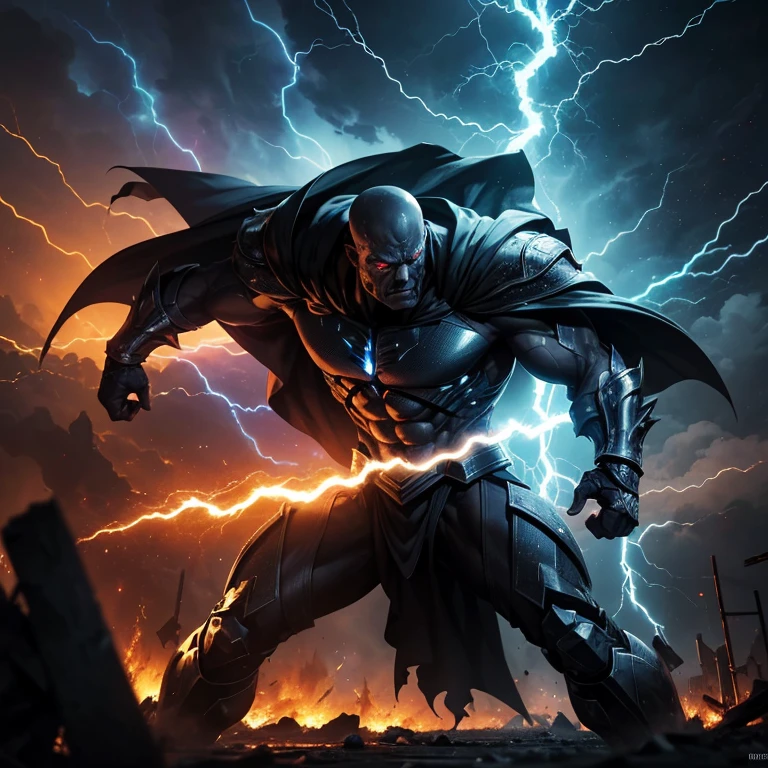 (best quality,4k,8k,highres,masterpiece:1.2),ultra-detailed,(realistic,photorealistic,photo-realistic:1.37),powerful villain,super shock,powerful energy powers,evil gaze,menacing aura,dark atmosphere,dramatic lighting,mysterious background,explosive action,fighting stance,fantasy world,destroyed city,thunderstorm,electricity crackling,glowing eyes,intense battle,energy beams,ominous presence,cosmic powers,strained muscles,fierce expression,mystical artifacts,dark cape,electric sparks,chaotic energy,smoke and dust,fire and lightning,crumbling buildings,wind blowing,high voltage,crackling energy,shocking impact,dynamic composition,vibrant colors,imposing figure,destructive forces,ultimate power.