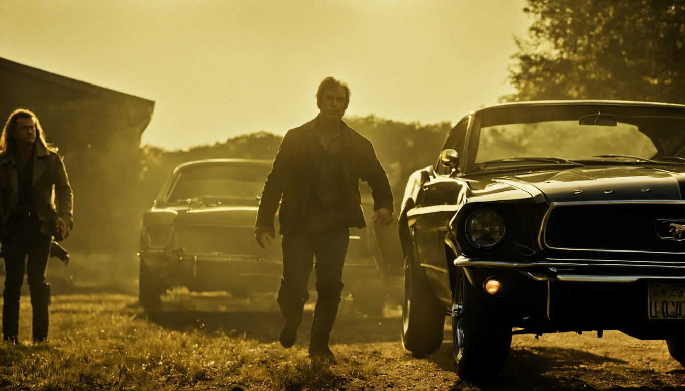At night, Escape: John outwits the gang, escaping their grasp and driving off into the night. Package Contents Revealed: The package contains evidence against the gang's criminal activities. night, cinematic, lens flare, good angle, 1969 Ford Mustang.