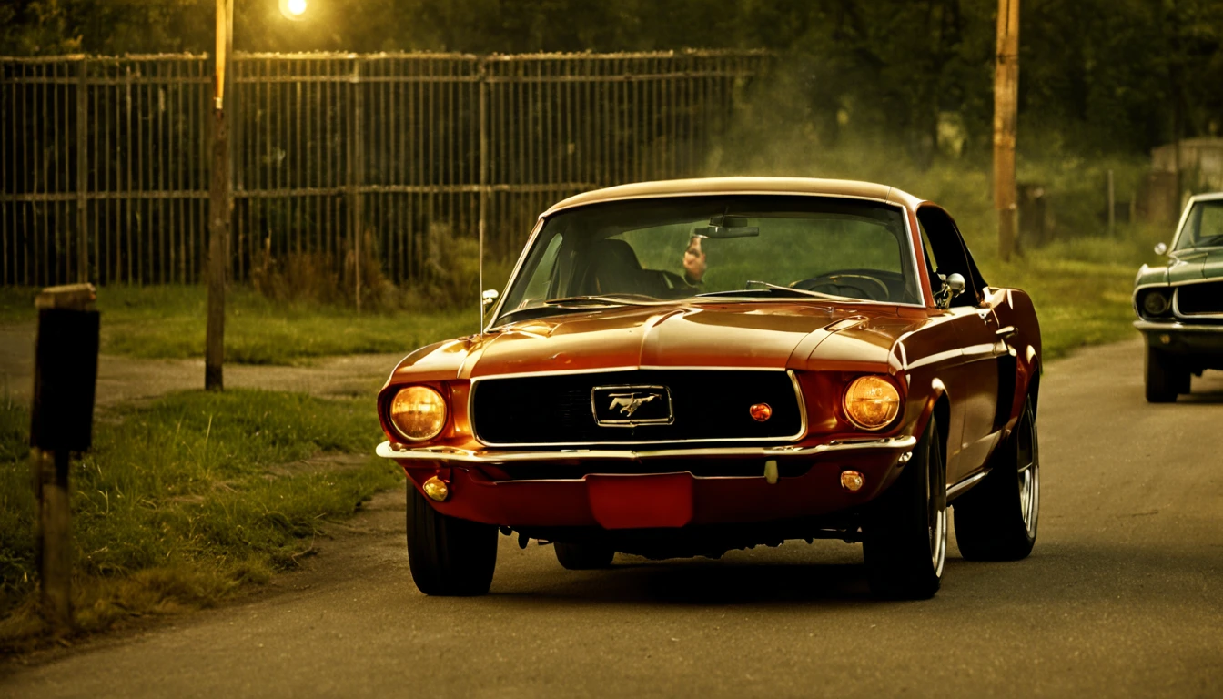 At night, Escape: John outwits the gang, escaping their grasp and driving off into the night. Package Contents Revealed: The package contains evidence against the gang's criminal activities. night, cinematic, lens flare, good angle, 1969 Ford Mustang.