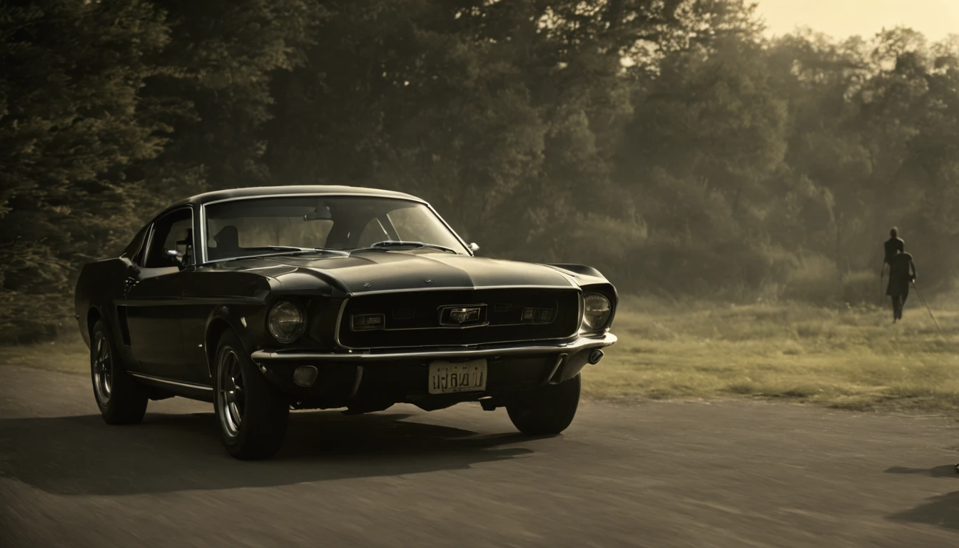 At night, Escape: John outwits the gang, escaping their grasp and driving off into the night. Package Contents Revealed: The package contains evidence against the gang's criminal activities. night, cinematic, lens flare, good angle, 1969 Ford Mustang.