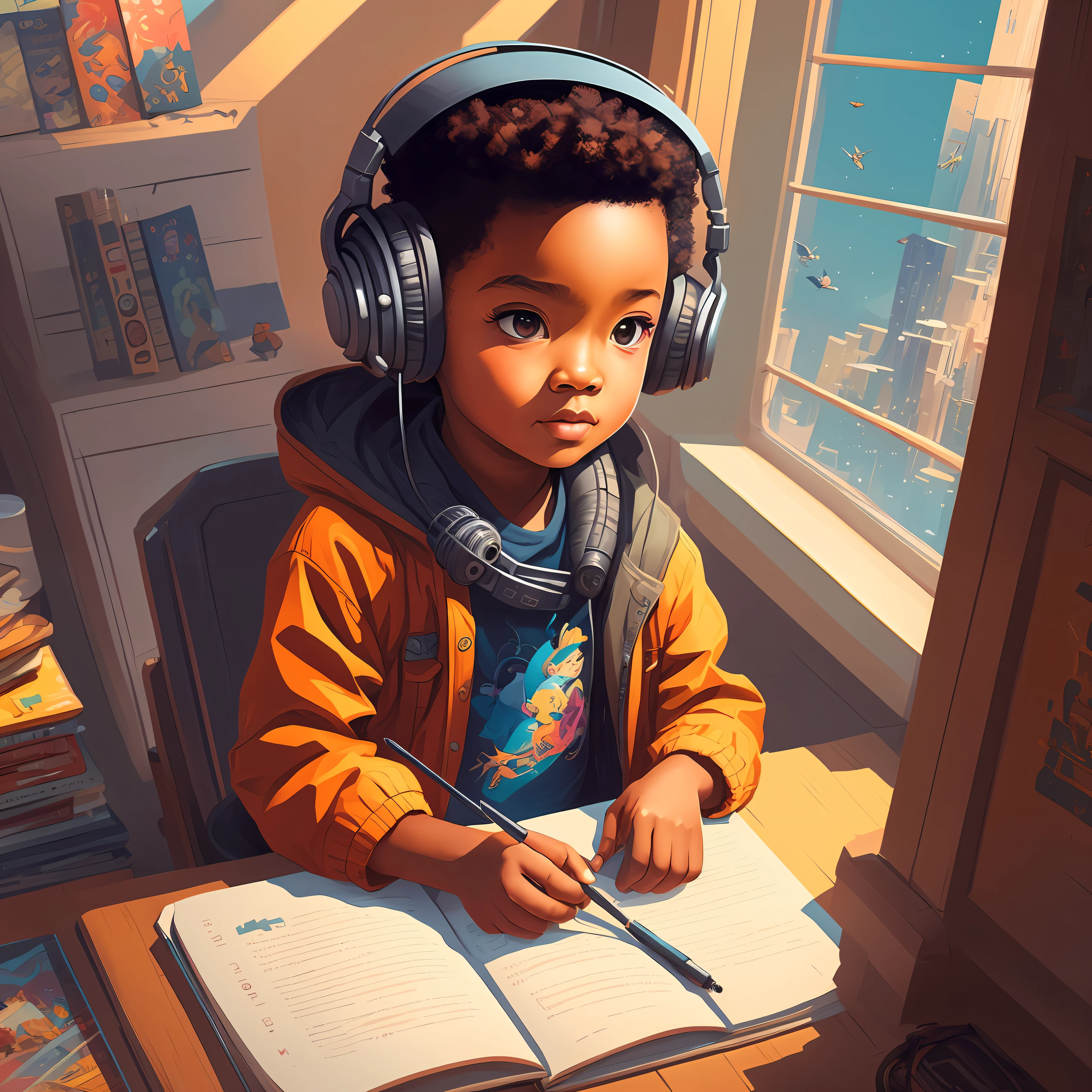 There is only one child, not two, sitting at a desk with a laptop, high-res, high-res, Guweiz-style artwork, children's art in ArtStation, DreamWorks style, with headphones, animated film, afro futurism, stunning digital illustration, Norman Rockwell Ross Tran, beautiful digital illustration, Atey Ghailan 8K, portrait photo, adorable digital painting --auto --s2