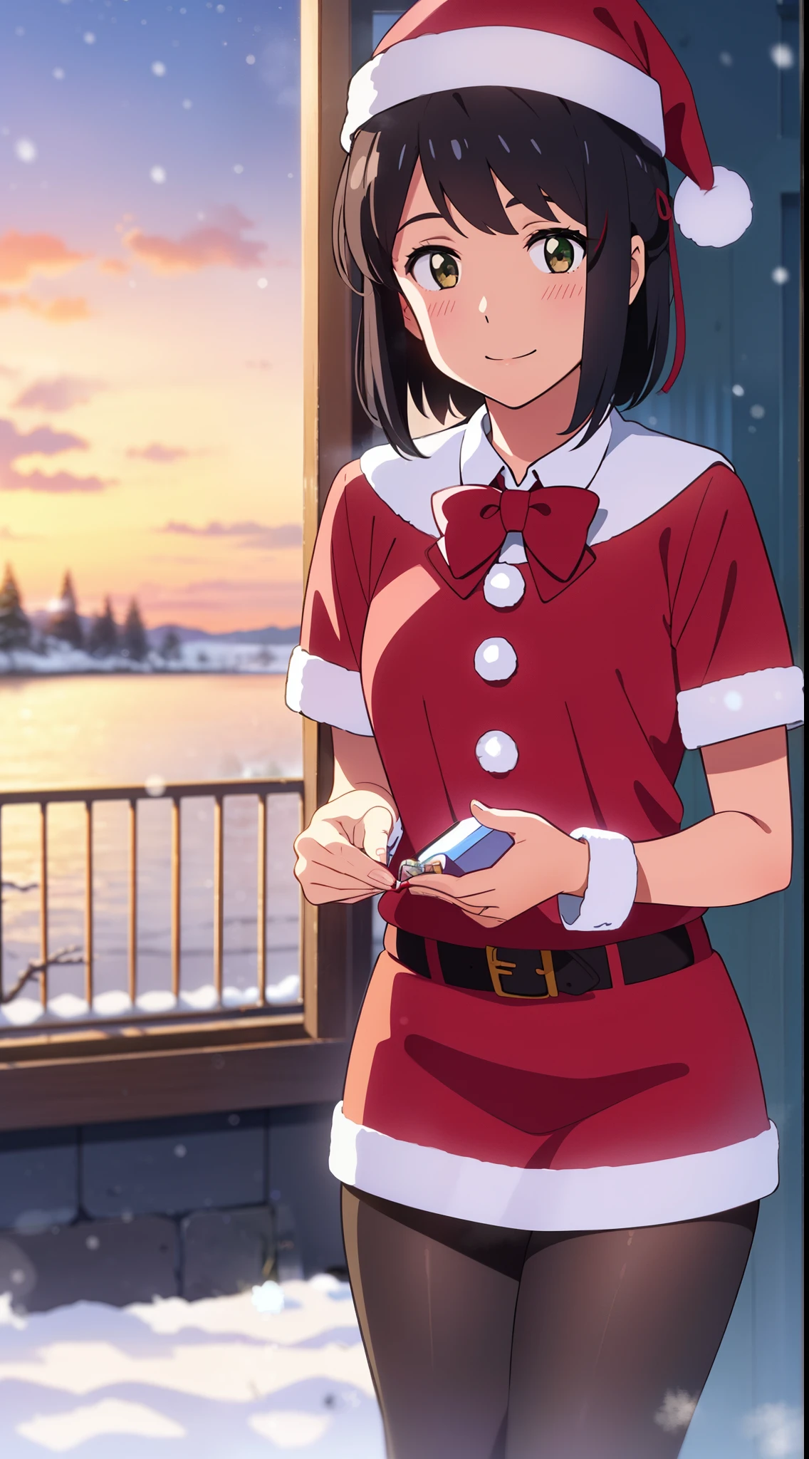 shinkai makoto, kimi no na wa., 1girl, bangs, black hair, blush, bright eyes, brown eyes, bow, red bow, ribbon, red ribbon, short hair, medium breats, solo, perfect hands perfect anatomy, sweet face, sunset, evening, sunlight, outdoors, winter scenery, snow, steam, cloud, Against the background of winter scenery, Santa Claus costume, Christmas uniform, Christmas shirt, red Christmas shirt, skirt, plaid skirt, green plaid skirt, short sleeves, candy cane stockings, Santa Claus hat, smile, happy, classroom, school