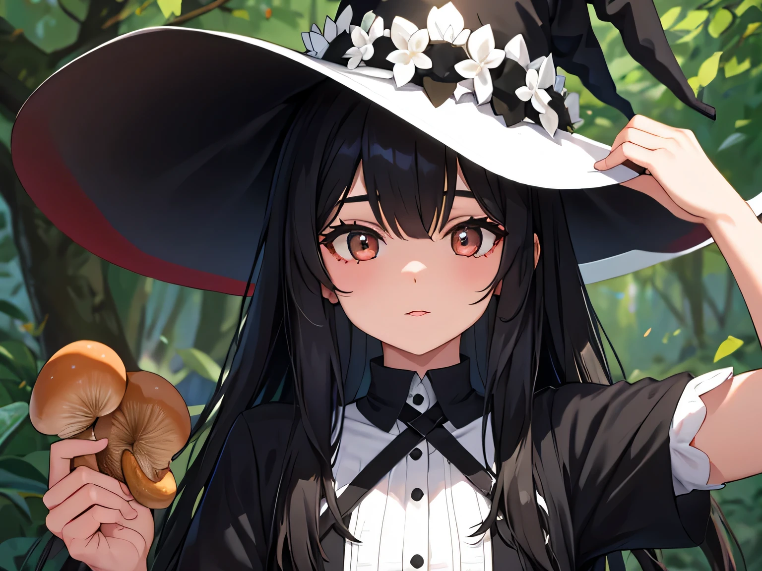 girl, black hair, black and white dress,  witch hat, picking mushrooms  in a magic florest