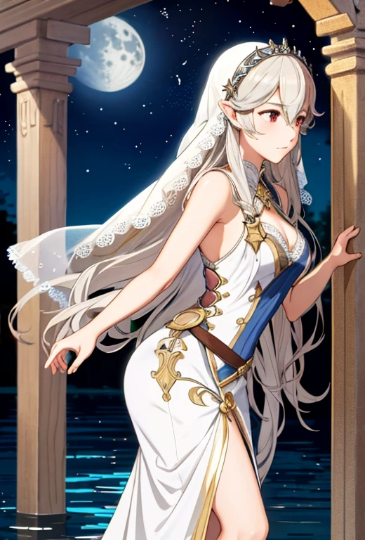 Masterpiece , best quality , solo , fire emblem , fire emblem fates , corrin ( fire emblem ) , Corrin ( female ) , adrift Corrin ( fire emblem heroes ) , really long hair , long silver lace veil with stars , veil covering corrin’s face , silver tiara connected to the veil , long tight fitting white dress , , barefoot , lace on the end of the dress , silver moon details on the dress , full moon in the background , standing under the moon , sad expression on face , standing praying position , standing on water , full moon reflection in the water , moon tarot card