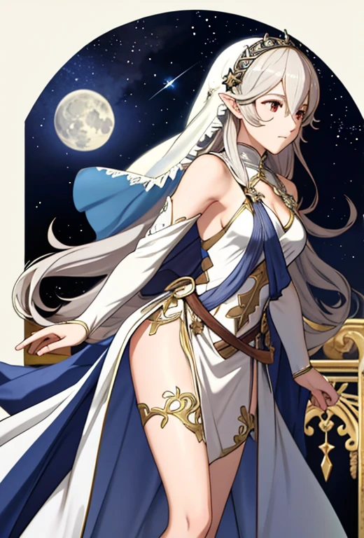 Masterpiece , best quality  , solo  , fire emblem , fire emblem fates , corrin ( fire emblem )  , Corrin ( female ) , adrift Corrin ( fire emblem heroes ) , really long hair , long silver lace veil with stars  , veil covering corrin’s face , silver tiara connected to the veil , long tight fitting white dress ,  , barefoot , lace on the end of the dress , silver moon details on the dress , full moon in the background , standing under the moon , sad expression on face  , standing praying position , standing on water , full moon reflection in the water , moon tarot card