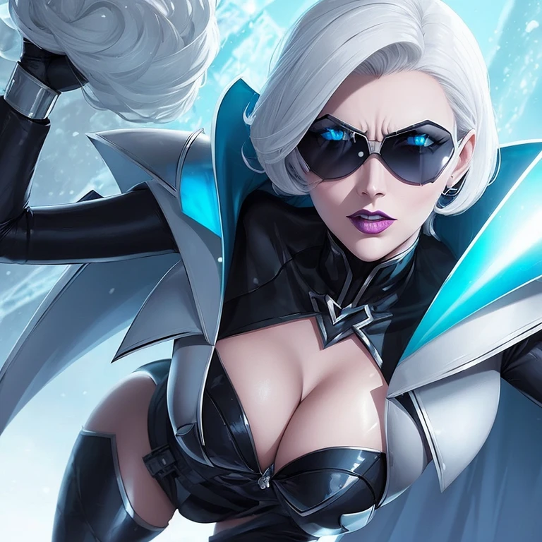 woman supervillain, beautiful, sexy, curvys general nazi woman with cleavage and cape, transparent chothes, style nazi with cape sunglasses, short hair , messy hair , grey hair, face detailed, blue lipstick, confiant, psycho, crazy, cruel, power of ice, diamond, snow, frost