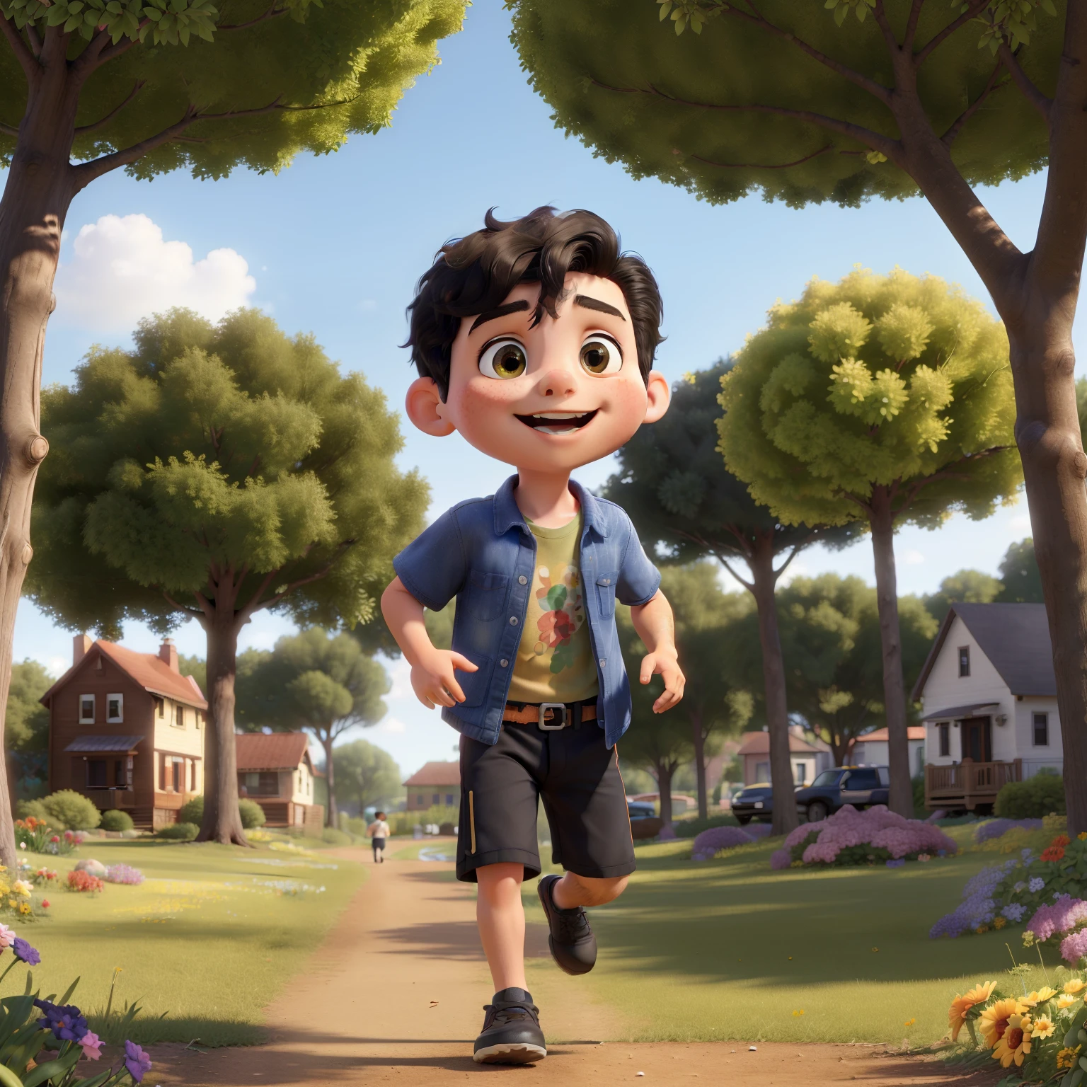 (best quality,4k,highres,masterpiece:1.2),ultra-detailed,realistic:1.37,a -year-boy w short black hair, running in the park, surrounded by many trees and flowers, engaging in outdoor play on a sunny day, vibrant colors, vivid atmosphere, soft sunlight