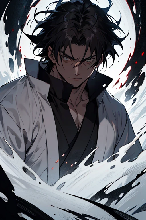 ((best quality)), ((masterpiece)), hijikata toshizo he a tall with spiky Black hair and or light brown eyes. He often mentioned as a scary person to his eyes,wizard, scar, black and white，，red tearlack and white painting，broken，sublevel，black and white，Eroded by darkness and light,akatsuki outfit