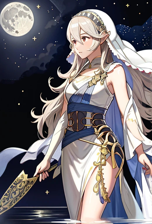 Masterpiece , best quality  , solo  , fire emblem , fire emblem fates , corrin ( fire emblem )  , Corrin ( female ) , adrift Corrin ( fire emblem heroes ) , really long hair , long silver lace veil with stars  , veil covering corrin’s face , silver tiara connected to the veil , long tight fitting white dress , barefoot , lace on the end of the dress , silver moon details on the dress , full moon in the background , standing under the moon , sad expression on face  , praying position , standing on water , full moon reflection in the water , moon tarot card