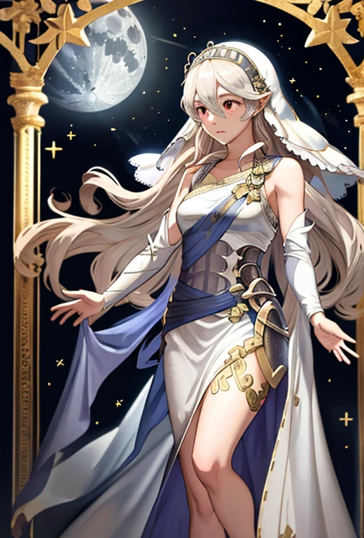 Masterpiece , best quality , solo , fire emblem , fire emblem fates , corrin ( fire emblem ) , Corrin ( female ) , adrift Corrin ( fire emblem heroes ) , really long hair , long silver lace veil with stars , veil covering corrin’s face , silver tiara connected to the veil , long tight fitting white dress , barefoot , lace on the end of the dress , silver moon details on the dress , full moon in the background , standing under the moon , sad expression on face , praying position , standing on water , full moon reflection in the water , moon tarot card