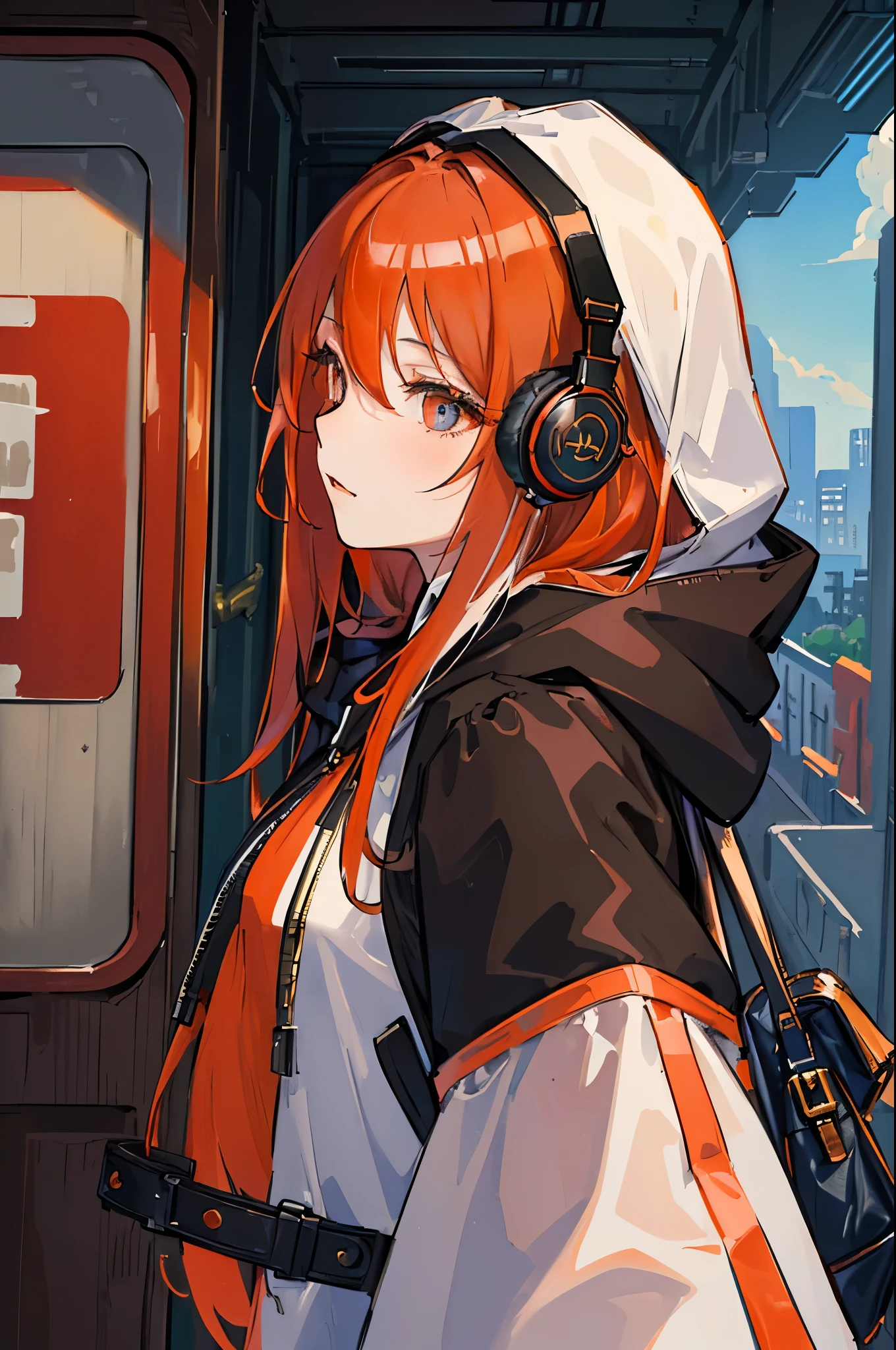 (masterpiece, sidelighting, ultra-detailed, finely detailed beautiful eyes: 1.2), 1girl, bag, building, from side, headphones, hood, hood down, hooded jacket, hoodie, jacket, long hair, orange hair, profile, red hair, solo, train, train interior, upper body, Masterpiece, best quality