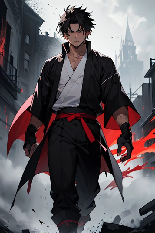 ((best quality)), ((masterpiece)), hijikata toshizo he a tall with spiky Black hair and or light brown eyes. He often mentioned as a scary person to his eyes,wizard, scar, black and white，，red tearlack and white painting，broken，sublevel，black and white，Eroded by darkness and light,akatsuki outfit