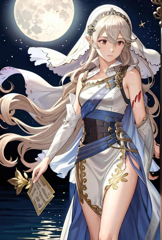Masterpiece , best quality , solo , fire emblem , fire emblem fates , corrin ( fire emblem ) , Corrin ( female ) , adrift Corrin ( fire emblem heroes ) , really long hair , blue eyes , long silver lace veil with stars , veil covering corrin’s face , silver tiara connected to the veil , long tight fitting white dress , barefoot , lace on the end of the dress , silver moon details on the dress , full moon in the background , standing under the moon , sad expression on face , praying position , standing on water , full moon reflection in the water , moon tarot card