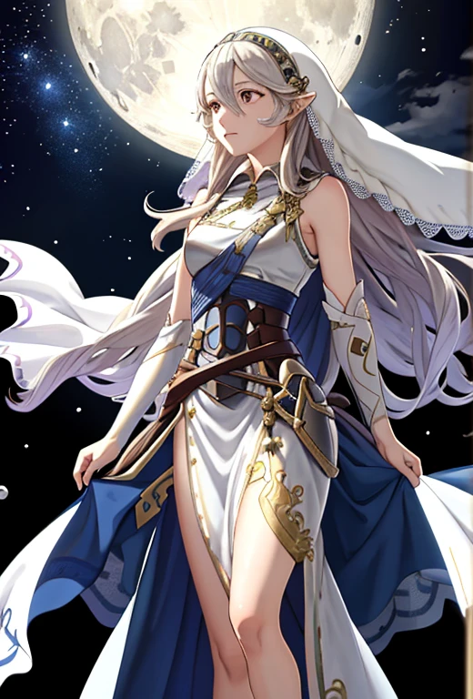 Masterpiece , best quality  , solo  , fire emblem , fire emblem fates , corrin ( fire emblem )  , Corrin ( female ) , adrift Corrin ( fire emblem heroes ) , really long hair , blue eyes , long silver lace veil with stars  , veil covering corrin’s face , silver tiara connected to the veil , long tight fitting white dress , barefoot , lace on the end of the dress , silver moon details on the dress , full moon in the background , standing under the moon , sad expression on face  , praying position , standing on water , full moon reflection in the water , moon tarot card