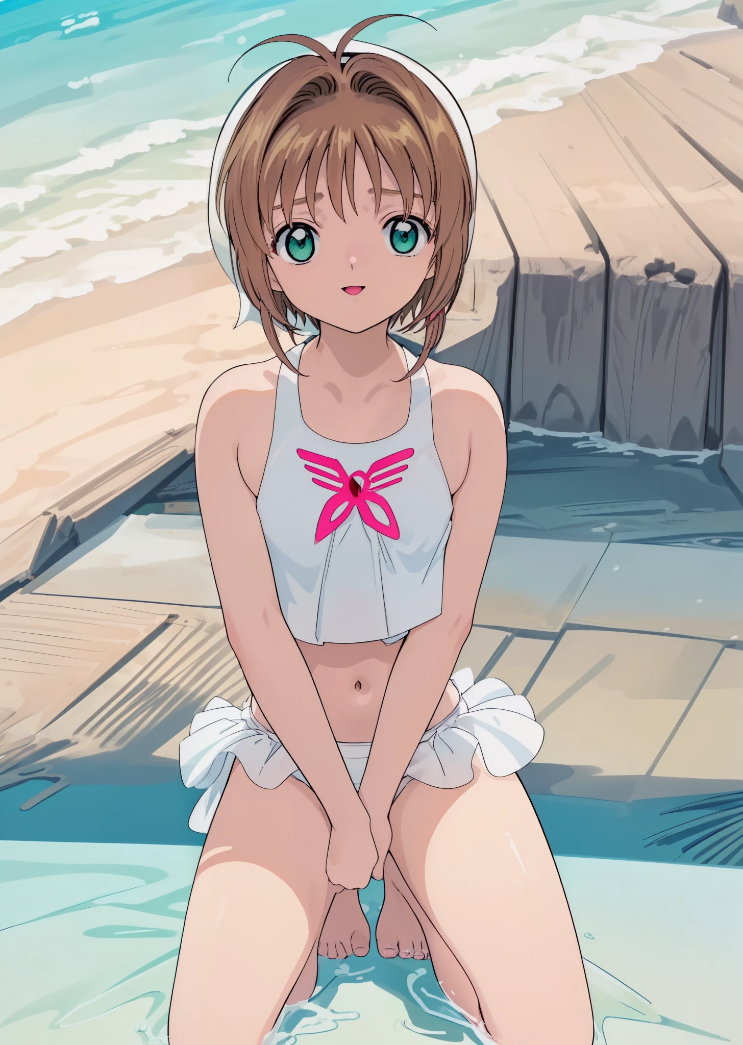 (masutepiece, 1girl in, hight resolution, kinomoto_Sakura, Green eyes, Wearing (two piece white swimsuit ), Good mood, Very detailed, full of details, in beach, Cinematic lighting),Oldest girl,Cowgirl, Squatting, Spread legs