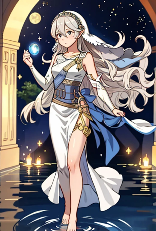 Masterpiece , best quality , solo , fire emblem , fire emblem fates , corrin ( fire emblem ) , 1female , adrift Corrin ( fire emblem heroes ) , really long hair , blue eyes , long silver lace veil with stars , veil covering corrin’s face , silver tiara connected to the veil , long tight fitting white dress , barefoot , lace on the end of the dress , silver moon details on the dress , full moon in the background , standing under the moon , sad expression on face , praying position , standing on water , full moon reflection in the water , moon tarot card