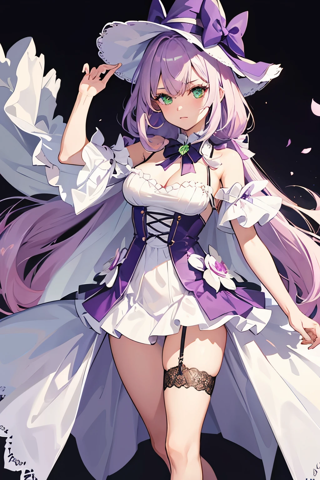 a girl, full body, Masterpiece, highest quality, high brightness, extreme detailed,highest detailed, detailed eyes, green eyes, magician, (purple Wizard hat with bow:1.2), white cleavage cutout chiffon short dress, (purple shoulder cutout vest:1.1), (white cloak:1.2), low-tied long hair with braid lock, (hot pink hair:1.1), annoyed, large chest, lace-up sandals, shoulder cutout, Lace strap ties left thigh, standing, lake,
