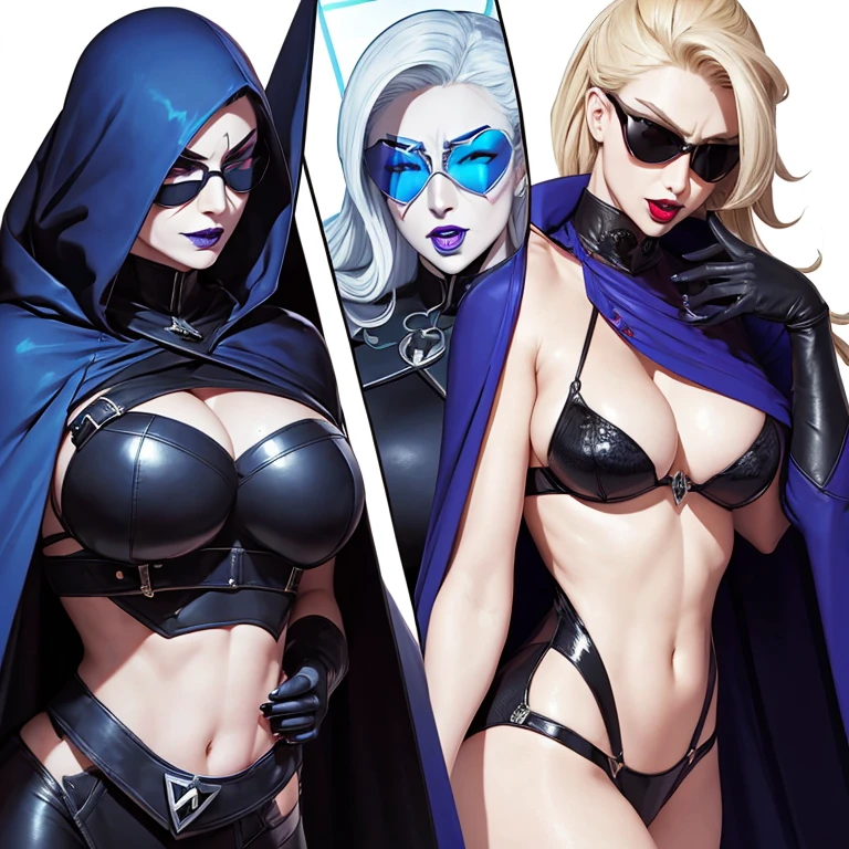 a lot sisters supervillain, lesbian, beautiful, sexy, curvys general nazi woman with cleavage and cape, transparent chothes, style nazi with cape sunglasses, face detailed, blue lipstick, confiant, psycho, crazy, cruel, mad,sadist power of ice, diamond