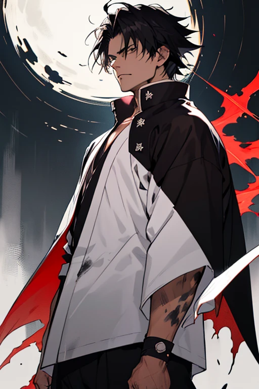 ((best quality)), ((masterpiece)), hijikata toshizo he a tall with spiky Black hair and or light brown eyes. He often mentioned as a scary person to his eyes,wizard, scar, black and white，，red tearlack and white painting，broken，sublevel，black and white，Eroded by darkness and light,akatsuki outfit