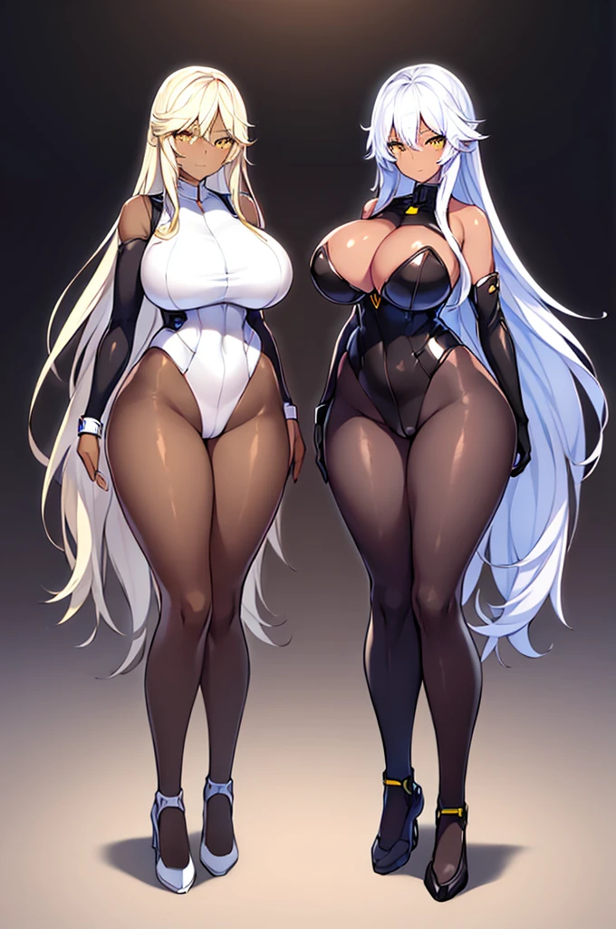 2girls, dark-skinned females, dark-skinned female, dark skin, white hair, long hair, large , breastships, yellow eyes, smile, bodysuit, black bodysuit, white trim, sleeveless, black pantyhose, pane, shoes, srs, futuristic, tech, machinery, science-fiction, full body, ((full body)),