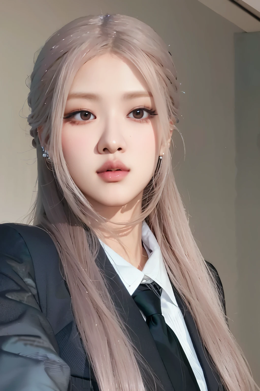 there is a woman with long hair wearing a suit and tie, portrait of jossi of blackpink, portrait jisoo blackpink, ulzzang, sakimichan, inspired by Yanjun Cheng, inspired by jeonseok lee, kawaii realistic portrait, popular south korean makeup, korean girl, silver hair (ponytail), popular korean makeup, portrait of kpop idol, with white long hair