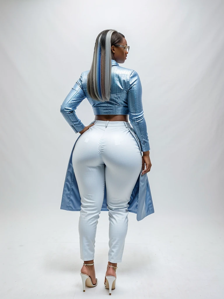 28- year old thick african american woman dressed for business, platinum hair with blue highlights, glasses, tight formal trousers, wedgie, fit, small waist, thick thighs, wide hips, big booty, big breasts, open unbuttoned coat, high heels, back shot on an all white background ,soft volume metric lights, intricate details, photo realistic