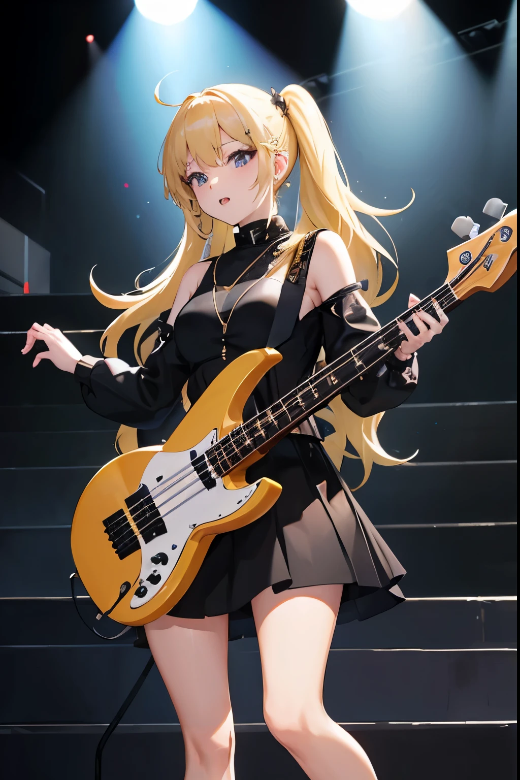 wearing black dress((bass guitar))Blonde female idol group with, concert on stage, Lady Band Contest Winner,