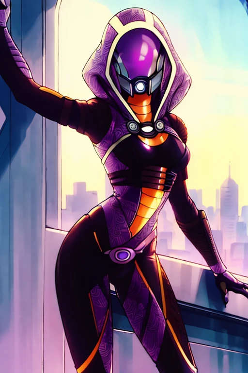 best quality, masterpiece, 1quarian, solo, tali'zorah, tali'zorah from mass effect, Quarian, hood, purple bodysuit, mask, (helmet, faceless), hood up, alien,