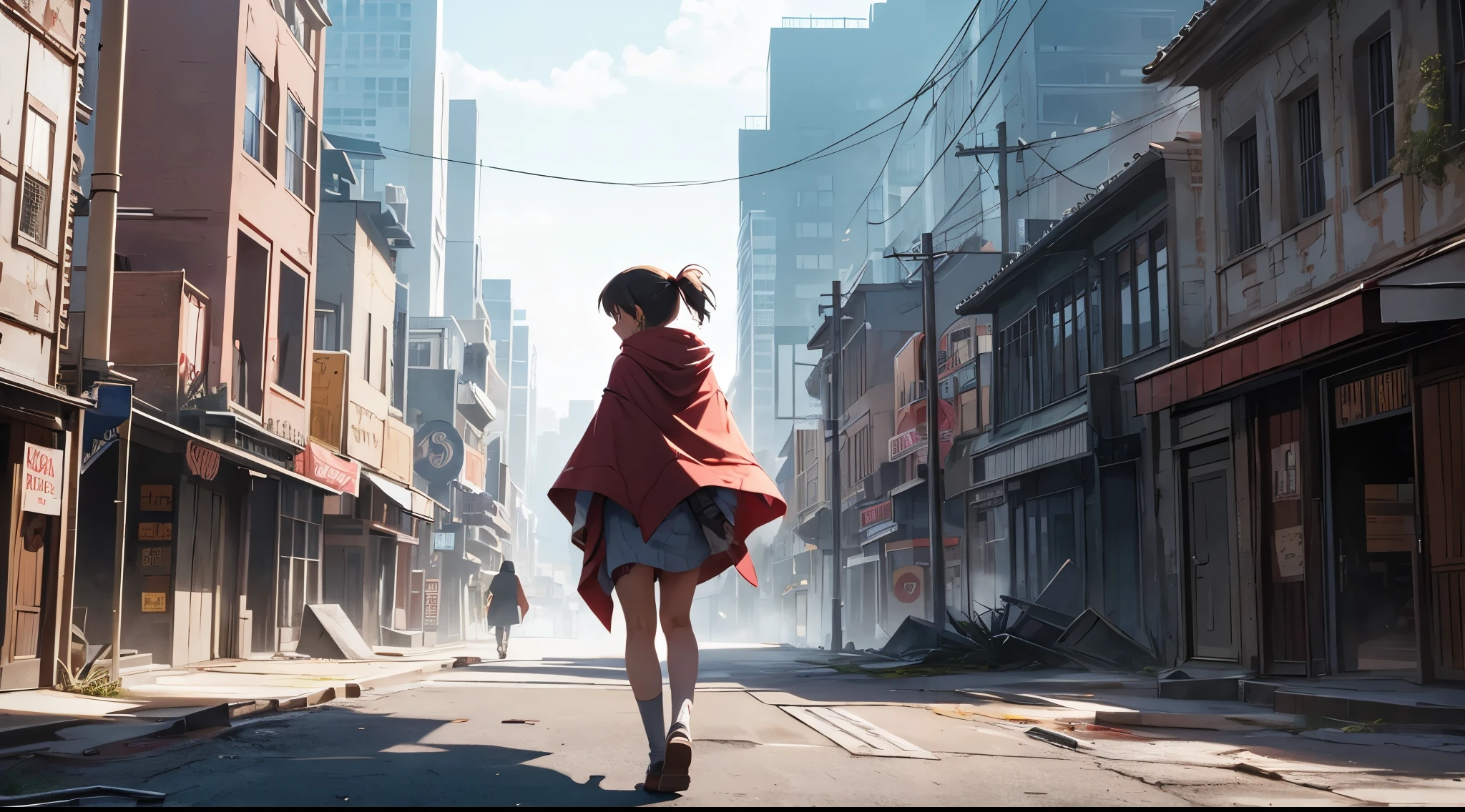 Ghost town, misty, solo, 1girl, red poncho, destroyed city