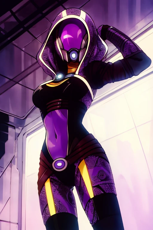 best quality, masterpiece, 1quarian, solo, tali'zorah, tali'zorah from mass effect, Quarian, hood, purple bodysuit, mask, (helmet, faceless), hood up, alien,