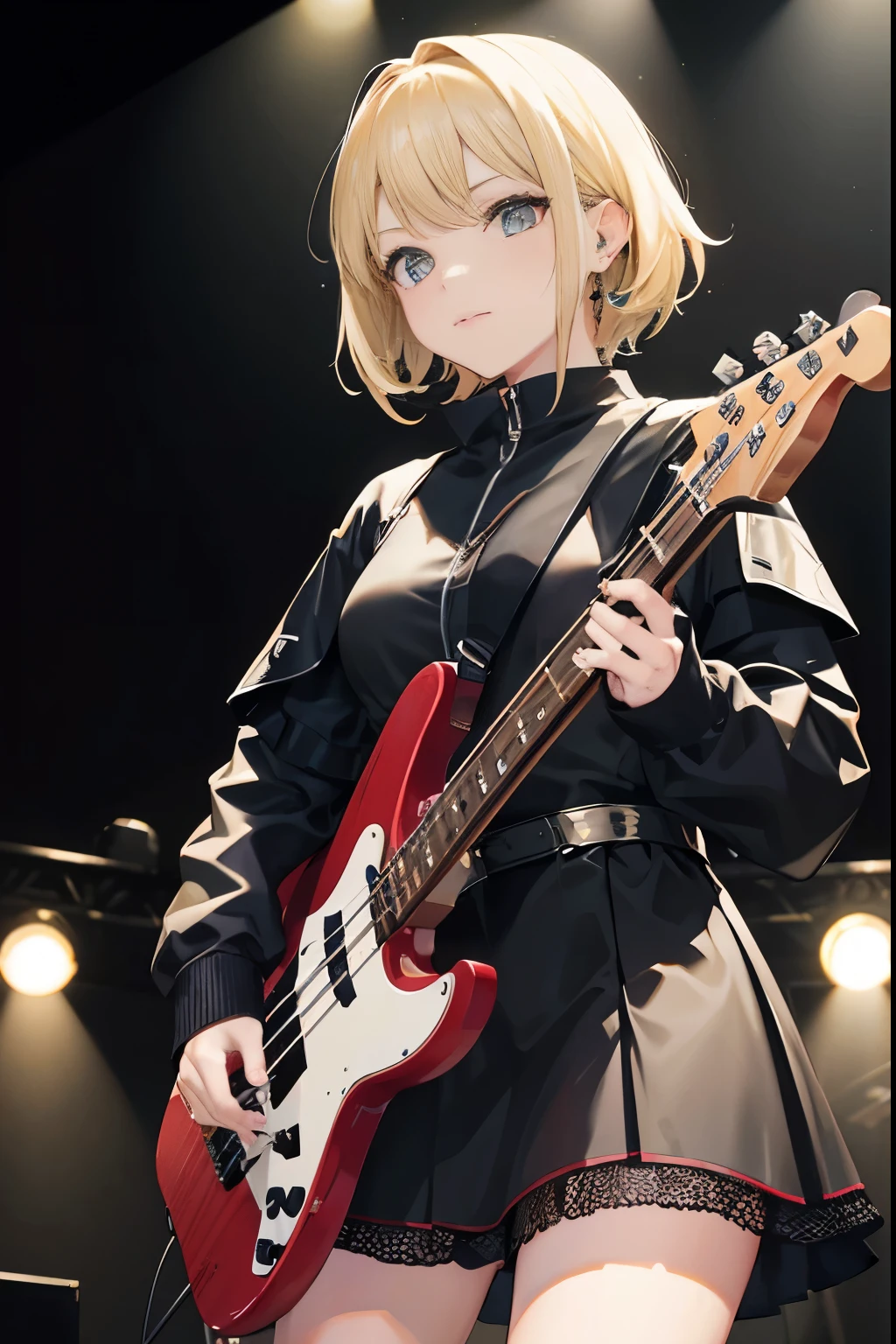 wearing black dress((bass guitar))Blonde female idol group with, concert on stage, Lady Band Contest Winner,