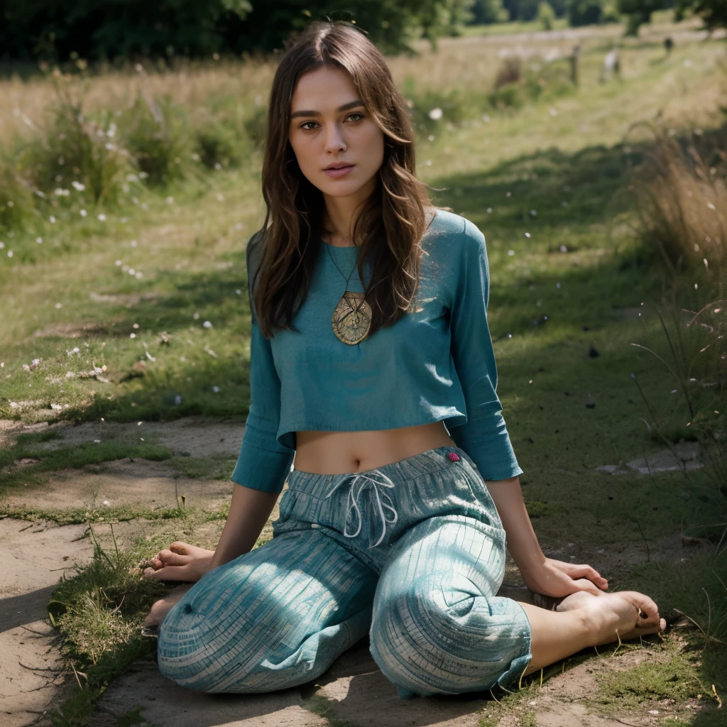 Suki Wasserhaus, Keira Knightley, 8K, ultrarealistisch, beautiful texture of the face, alle drei im Crop-Shirt, bare feet, fullbody view, cute hippie pants, sitzt auf wiese