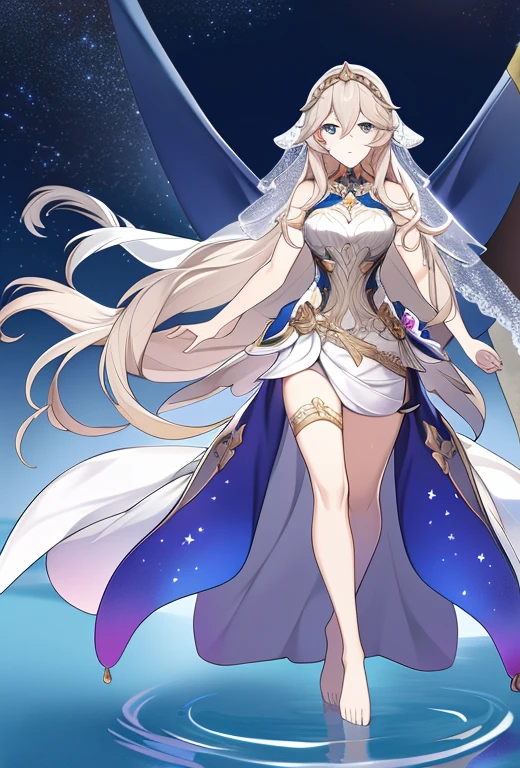 Masterpiece , best quality , solo , fire emblem , fire emblem fates , corrin ( fire emblem ) , 1female , adrift Corrin ( fire emblem heroes ) , really long hair , blue eyes , long silver lace veil with stars , veil covering corrin’s face , silver tiara connected to the veil , long tight fitting white dress , barefoot , lace on the end of the dress , silver moon details on the dress , full moon in the background , standing under the moon , sad expression on face , praying position , standing on water , full moon reflection in the water