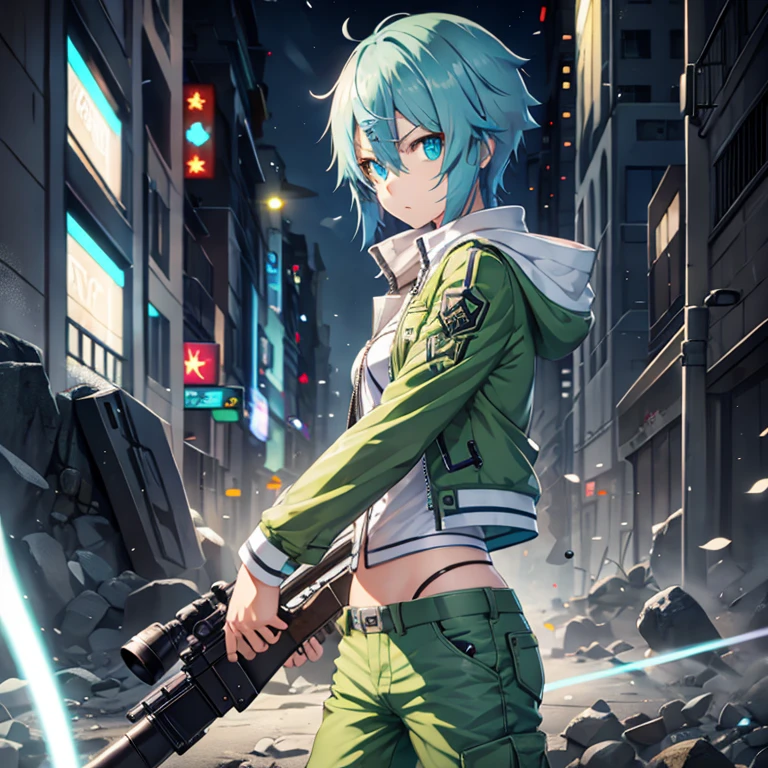 lightblue hair、short-hair、sniper rifles、An ultra-high picture quality、top-quality、Best Quality、Light blue eyes、Green jacket、shortpants、Lying、SAO, Chinon、