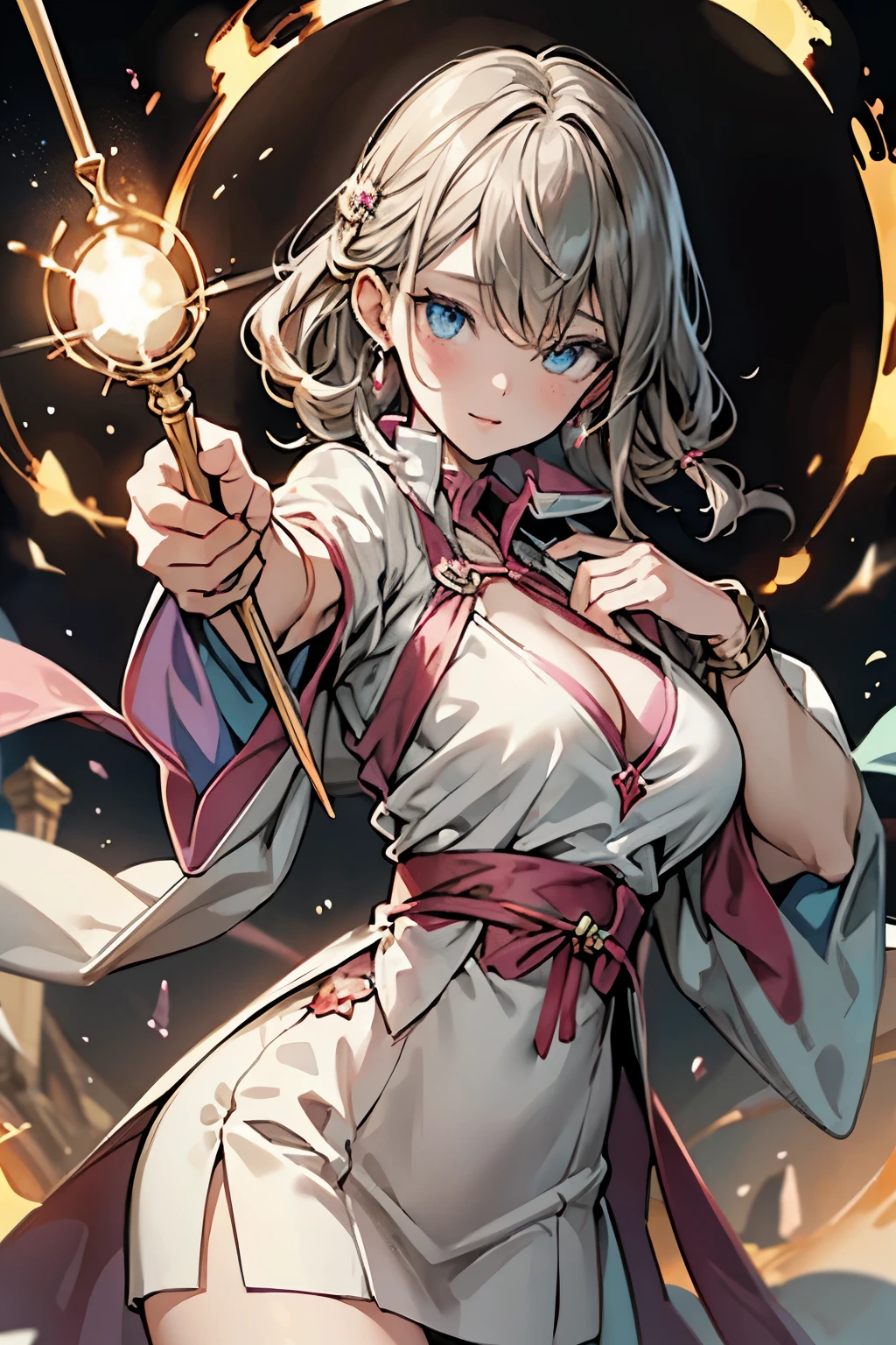 masterpiece、top-quality、hight resolution、Watercolor style、full bodyesbian、1beautiful girl、sorcerer、dynamicposes、dynamic ungle、Long、Raising arms、Holding a magic wand、holding out a cane in front of、Shooting out light magic from a magic wand、big eye、beautidful eyes、Glaring eyes、sorcererの三角帽子、sorcererの服、huge tit、cleavage of the breast、magic circles、As I ran、fantasy world background、