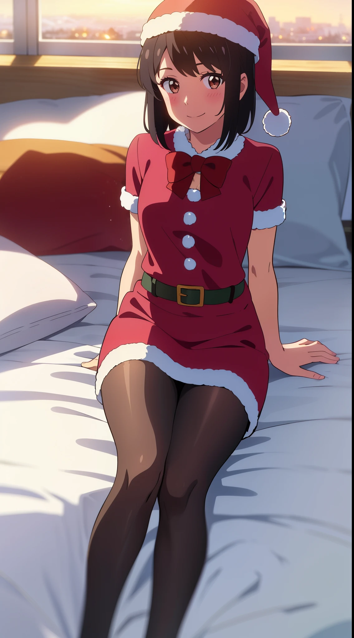 shinkai makoto, kimi no na wa., 1girl, bangs, black hair, blush, bright eyes, brown eyes, looking at the viewer, red bow, red headband, red ribbon, short hair, medium breasts, solo, indoors, sunset, evening, shiny skin, smile, happy, beautiful, perfect hands, parfect anatomy, Santa Claus costume, Sweet face, red christmas dresses, short sleeves, candy cane stockings, Against the background of winter scenery, Santa Claus hat, bed, bedroom, lying, relaxing, pillow, blanket, cushion, thigh, indoor, on bed
