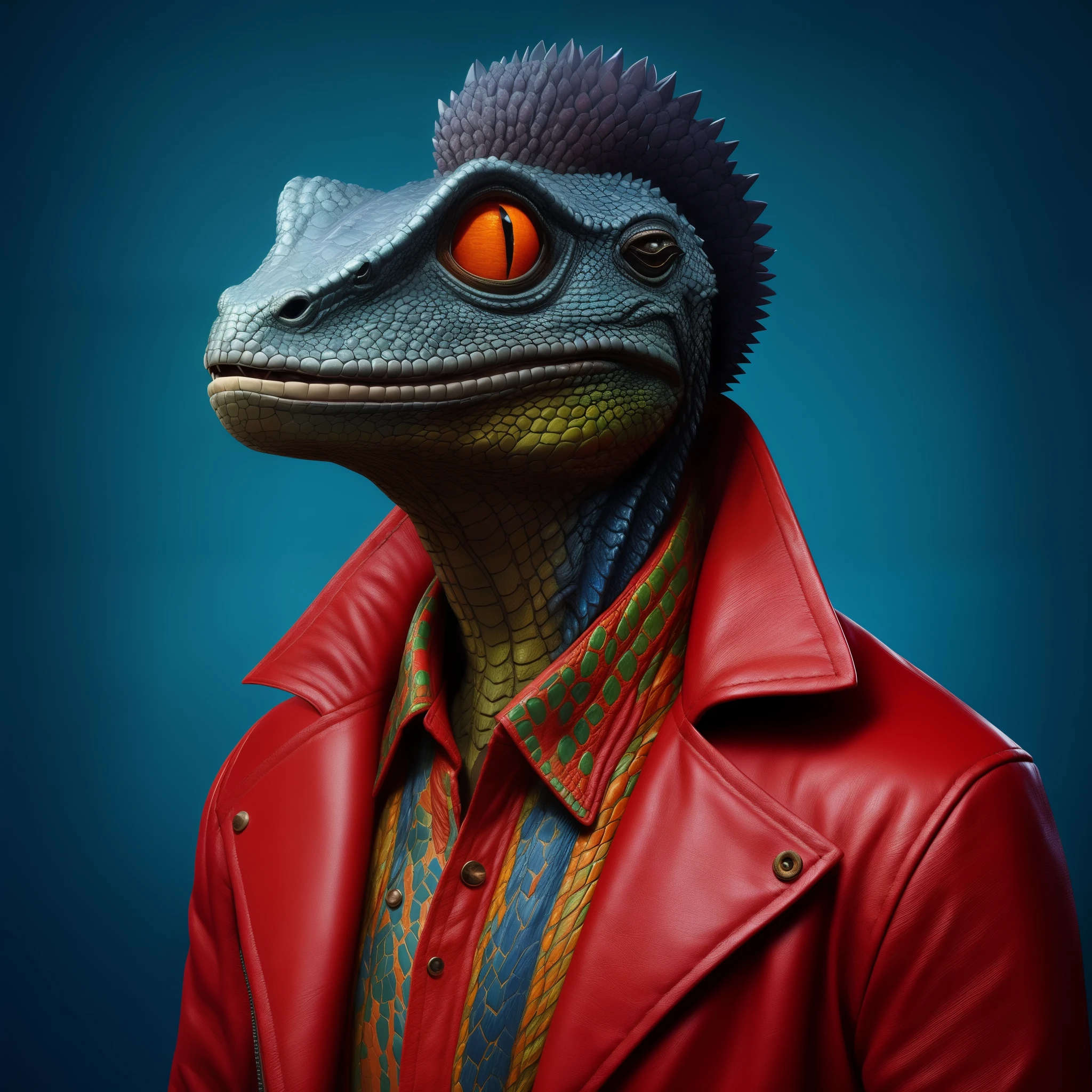 Arafe in a red leather jacket and a bright shirt, Anthropomorphic alligator, anthro lizard, lizardman, Eyes of Corporaptor hominis, Anthropic gecko, Sci-fi Lizard Alien, Hyper-realistic Jeff Goldblum, Velociraptor, masterpiece anthro portrait, Related to reptiles, inspired by Adam Rex, The Art of the Lizard Man