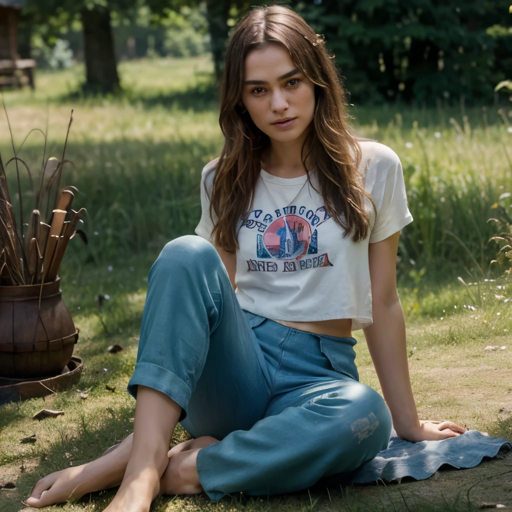 Suki Wasserhaus,  Keira Knightley, 8K, ultrarealistisch, beautiful texture of the face, alle drei im Crop-Shirt, barefoot, fullbody view, cute hippie pants, sitzt auf wiese